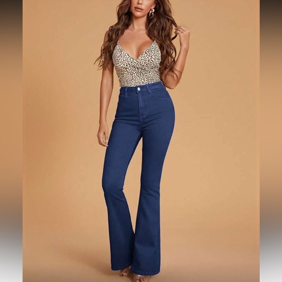 High Waisted Button Fitted Bell Bottom Light Blue - Picture 3 of 5